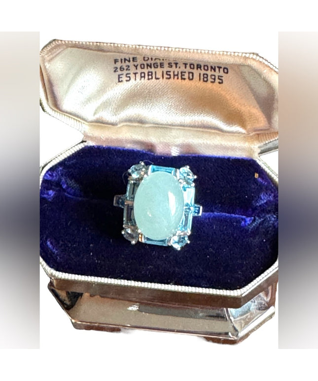 Lovely sterling silver Jadeite & blue topaz 925 fancy dinner statement ring