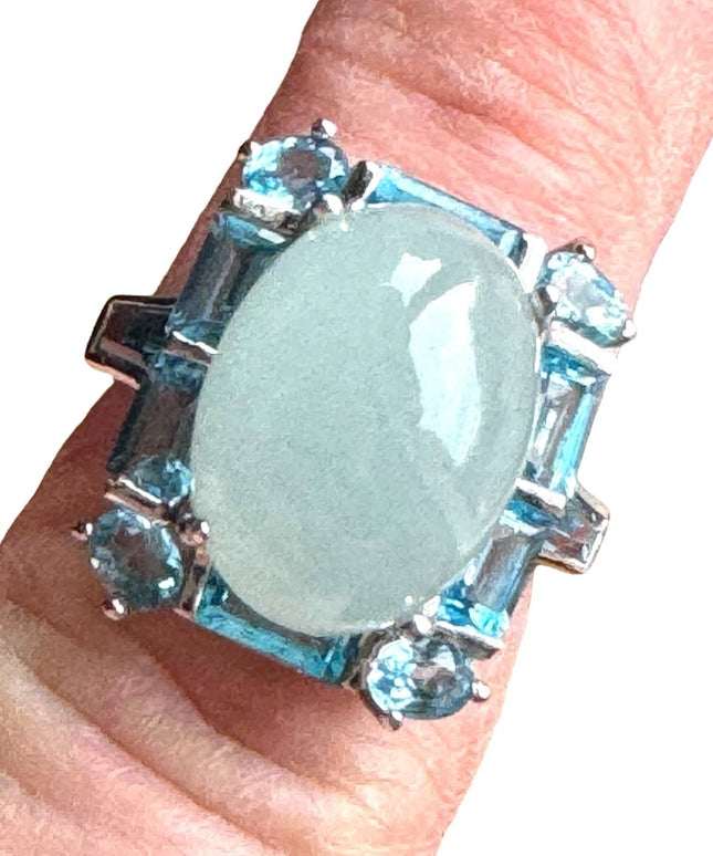 Lovely sterling silver Jadeite & blue topaz 925 fancy dinner statement ring