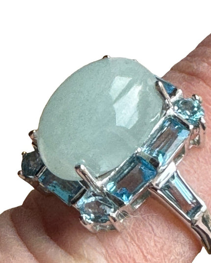 Lovely sterling silver Jadeite & blue topaz 925 fancy dinner statement ring