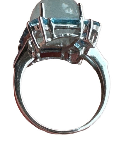 Lovely sterling silver Jadeite & blue topaz 925 fancy dinner statement ring