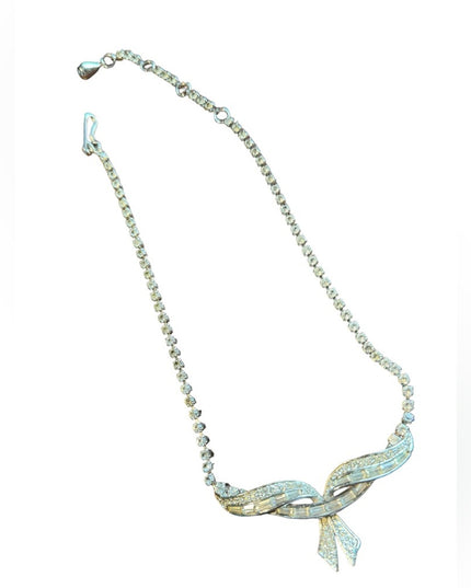 Marcel Boucher Rhinestone Bar Bow Pendant Vintage Necklace silver number sign