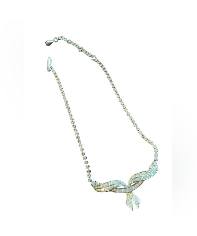 Marcel Boucher Rhinestone Bar Bow Pendant Vintage Necklace silver number sign