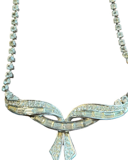 Marcel Boucher Rhinestone Bar Bow Pendant Vintage Necklace silver number sign