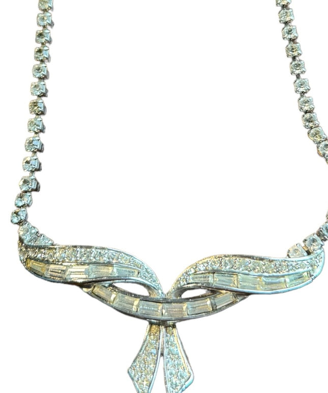 Marcel Boucher Rhinestone Bar Bow Pendant Vintage Necklace silver number sign
