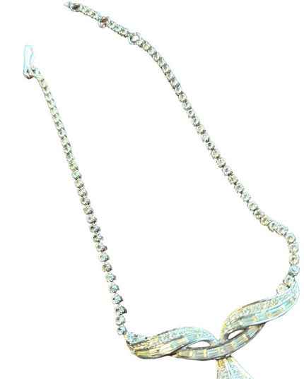 Marcel Boucher Rhinestone Bar Bow Pendant Vintage Necklace silver number sign