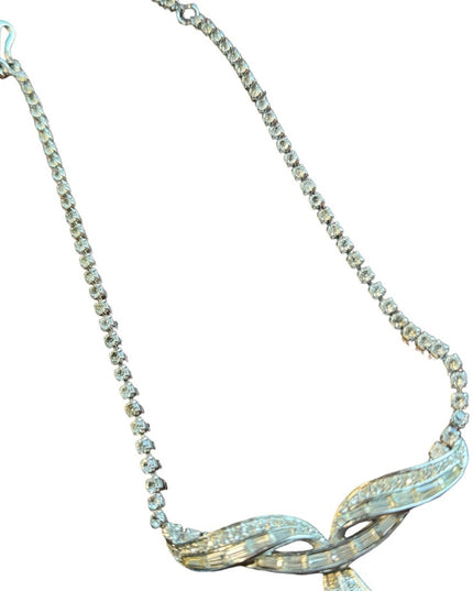 Marcel Boucher Rhinestone Bar Bow Pendant Vintage Necklace silver number sign