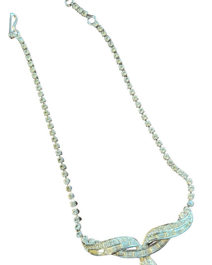 Marcel Boucher Rhinestone Bar Bow Pendant Vintage Necklace silver number sign