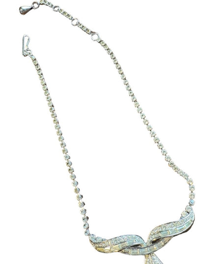 Marcel Boucher Rhinestone Bar Bow Pendant Vintage Necklace silver number sign