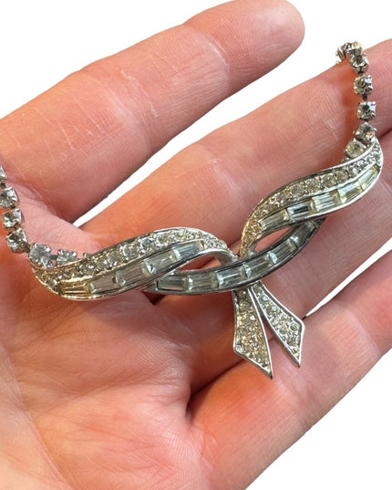 Marcel Boucher Rhinestone Bar Bow Pendant Vintage Necklace silver number sign