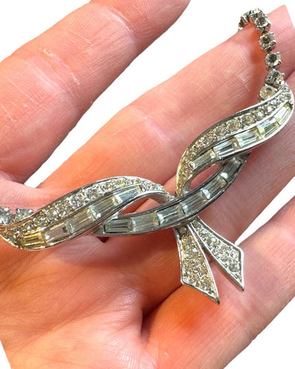 Marcel Boucher Rhinestone Bar Bow Pendant Vintage Necklace silver number sign