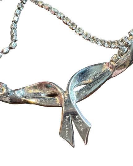 Marcel Boucher Rhinestone Bar Bow Pendant Vintage Necklace silver number sign
