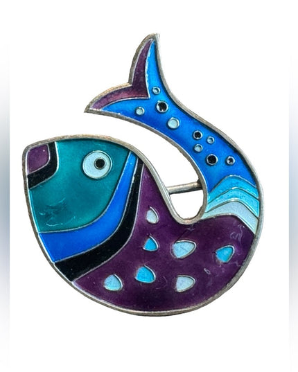 Signed David Anderson Norway Enameled Sterling Silver Vintage  Fish Brooch