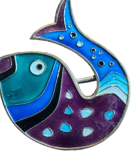 Signed David Anderson Norway Enameled Sterling Silver Vintage  Fish Brooch