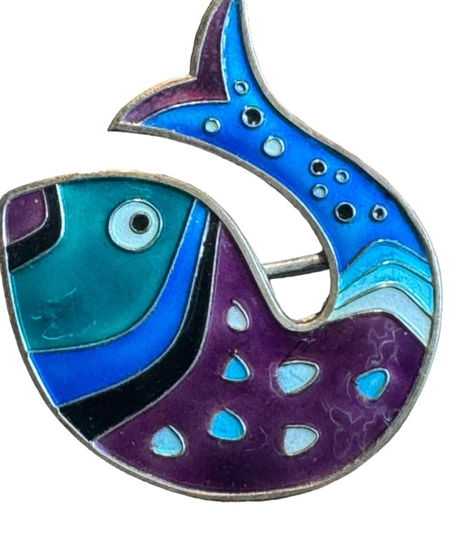 Signed David Anderson Norway Enameled Sterling Silver Vintage  Fish Brooch
