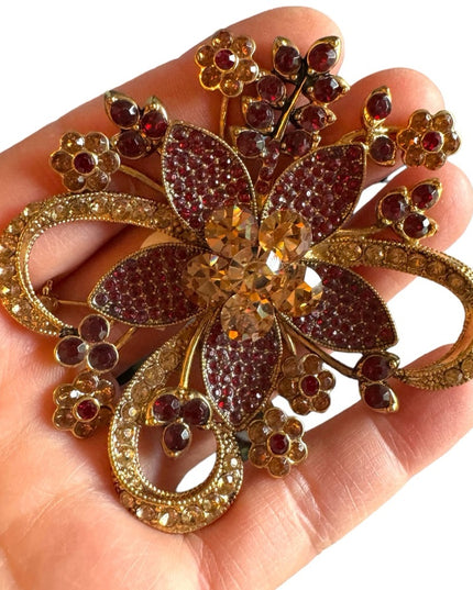 Vintage AVON 35 YEARS ANNIVERSARY GOLD TONE Statement Pin Brooch RED RHINESTONES
