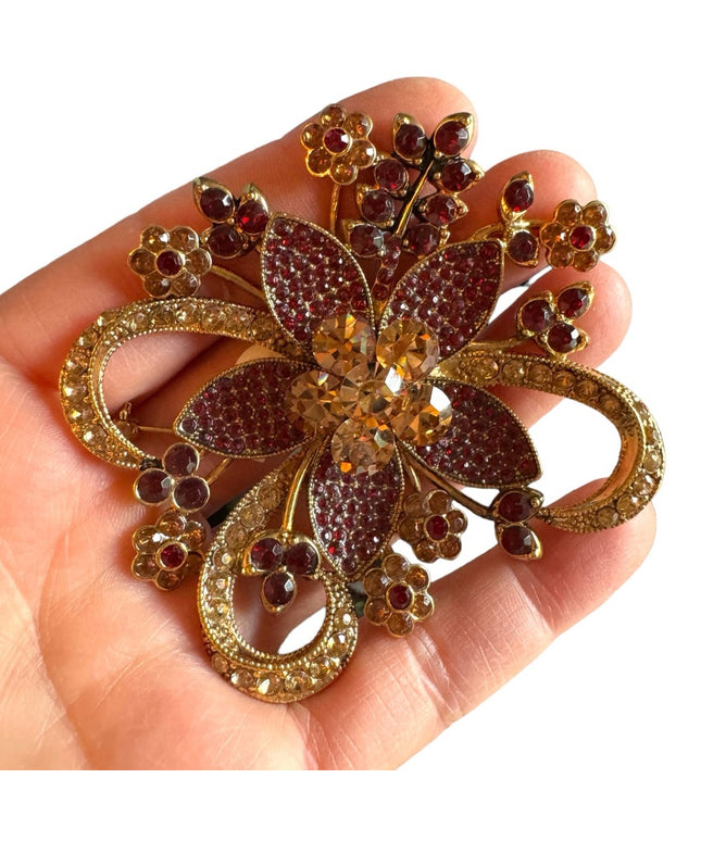 Vintage AVON 35 YEARS ANNIVERSARY GOLD TONE Statement Pin Brooch RED RHINESTONES
