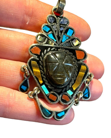 Vtg Sign Hecho en Mexico Black Onyx Carve Mayan Aztec Multi Stone Tribal Pendant