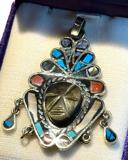 Vtg Sign Hecho en Mexico Black Onyx Carve Mayan Aztec Multi Stone Tribal Pendant