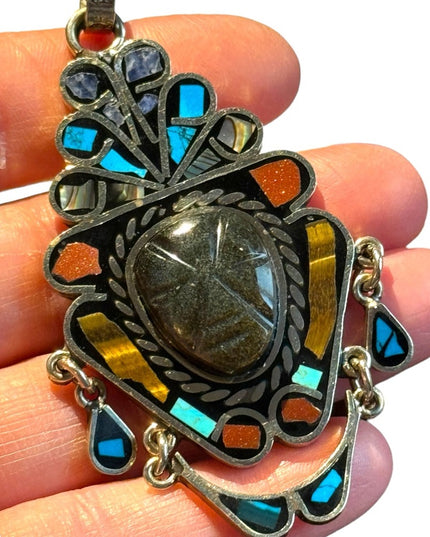 Vtg Sign Hecho en Mexico Black Onyx Carve Mayan Aztec Multi Stone Tribal Pendant