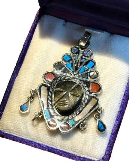 Vtg Sign Hecho en Mexico Black Onyx Carve Mayan Aztec Multi Stone Tribal Pendant