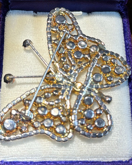 Huge Czech Czechoslovakia Pave Rhinestone Butterfly Brooch 77 mm Gold plt
