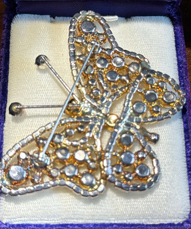 Huge Czech Czechoslovakia Pave Rhinestone Butterfly Brooch 77 mm Gold plt