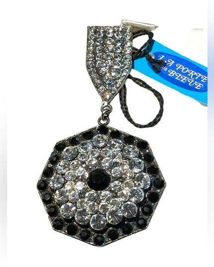 RARE Vintage Rhinestone crystal clear & black Metal Brooch La Porte Bleue Paris