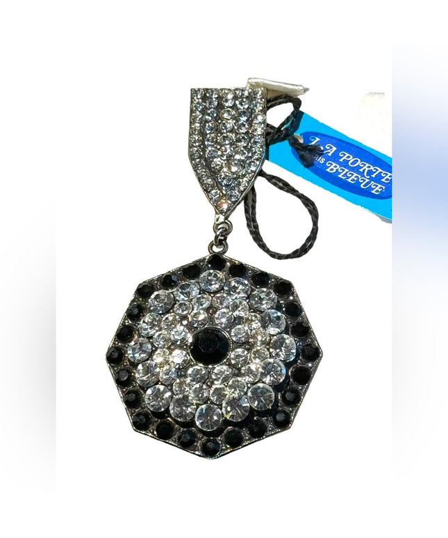 RARE Vintage Rhinestone crystal clear & black Metal Brooch La Porte Bleue Paris