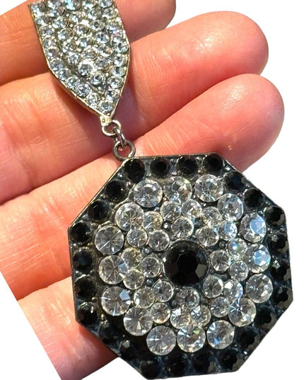 RARE Vintage Rhinestone crystal clear & black Metal Brooch La Porte Bleue Paris