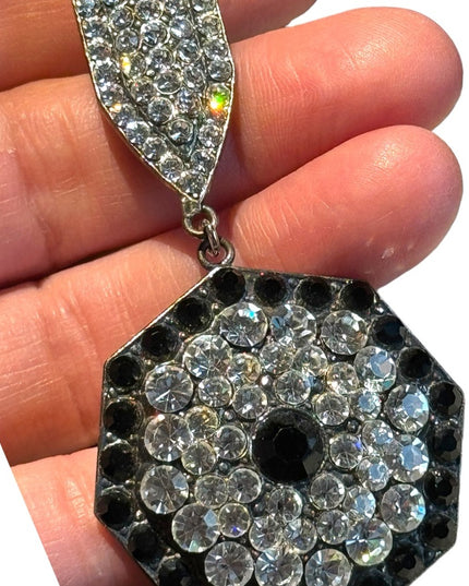 RARE Vintage Rhinestone crystal clear & black Metal Brooch La Porte Bleue Paris