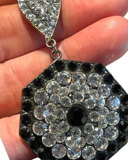 RARE Vintage Rhinestone crystal clear & black Metal Brooch La Porte Bleue Paris