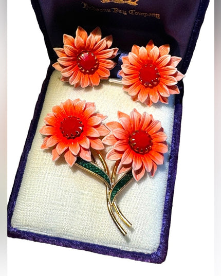 Lovely 1960s Western Germany pink & red plastic flower brooch earrings SET