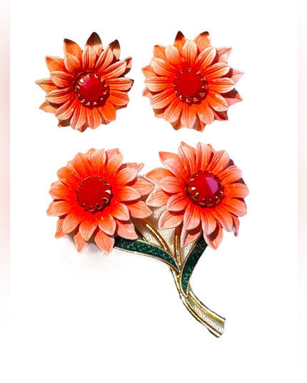 Lovely 1960s Western Germany pink & red plastic flower brooch earrings SET
