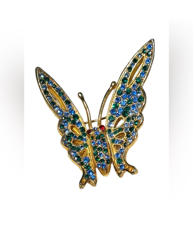 Vintage brushed gold finish colorful rhinestone crystal butterfly brooch