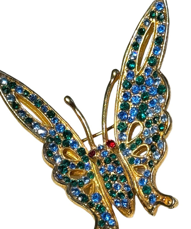 Vintage brushed gold finish colorful rhinestone crystal butterfly brooch