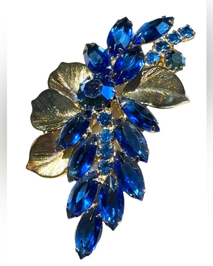 Vintage mid century fancy BLUE crystal flower branch gold finish brooch