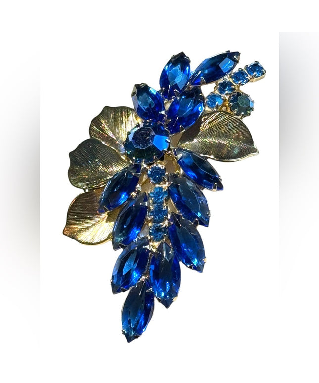 Vintage mid century fancy BLUE crystal flower branch gold finish brooch