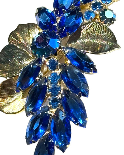 Vintage mid century fancy BLUE crystal flower branch gold finish brooch