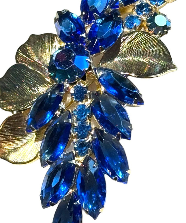 Vintage mid century fancy BLUE crystal flower branch gold finish brooch