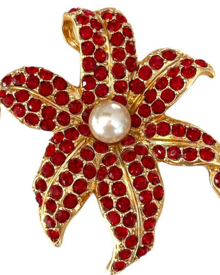 RARE Ivana Red Rhinestone Floral Brooch gold plate hawaiian flower gold 1990s