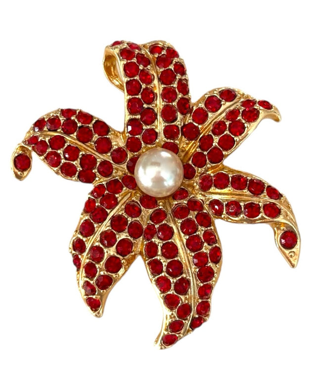 RARE Ivana Red Rhinestone Floral Brooch gold plate hawaiian flower gold 1990s