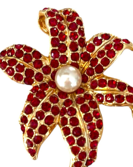 RARE Ivana Red Rhinestone Floral Brooch gold plate hawaiian flower gold 1990s