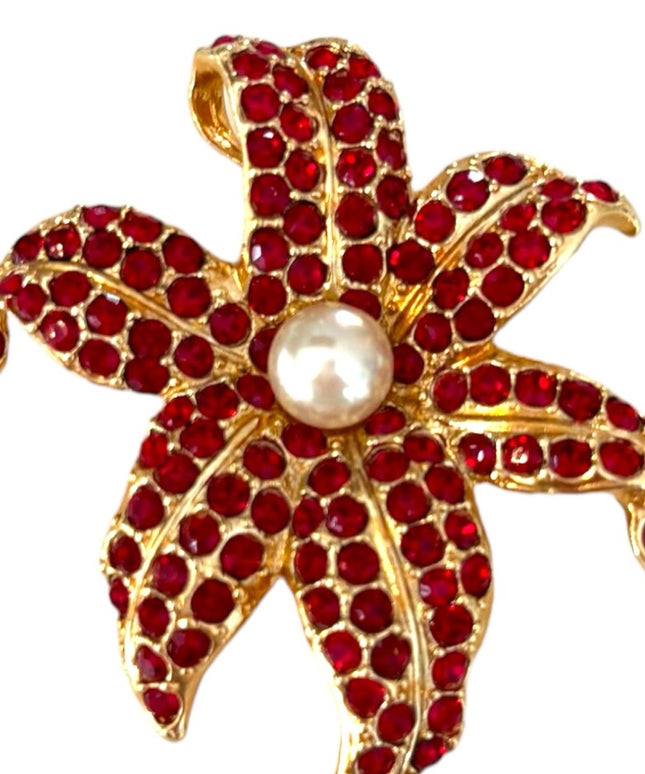 RARE Ivana Red Rhinestone Floral Brooch gold plate hawaiian flower gold 1990s