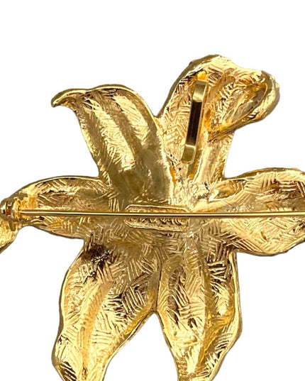 RARE Ivana Red Rhinestone Floral Brooch gold plate hawaiian flower gold 1990s
