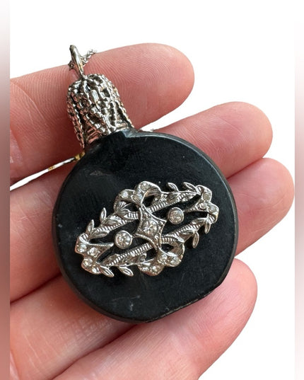 Vintage black glass Austria embelished small perfume bottle necklace