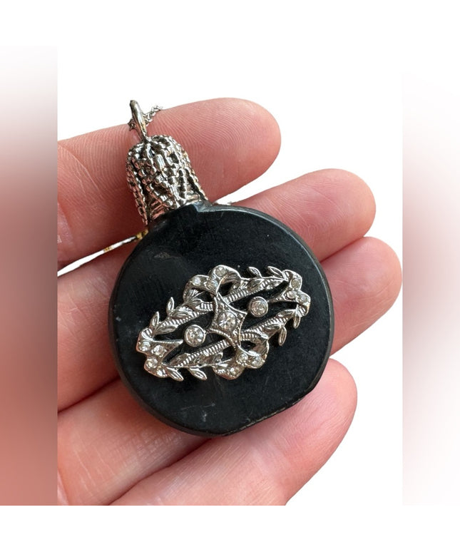 Vintage black glass Austria embelished small perfume bottle necklace