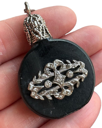 Vintage black glass Austria embelished small perfume bottle necklace