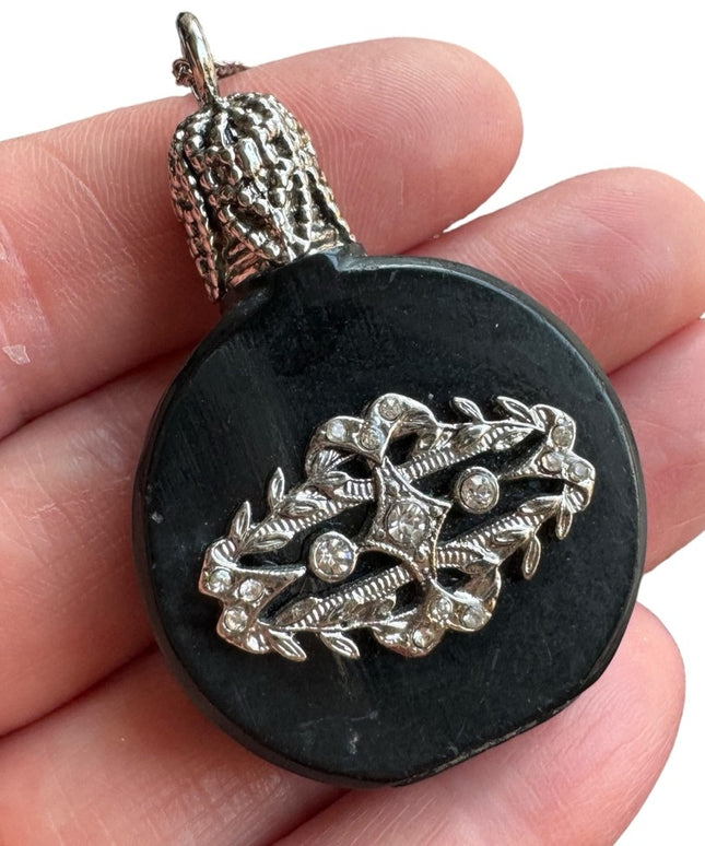 Vintage black glass Austria embelished small perfume bottle necklace