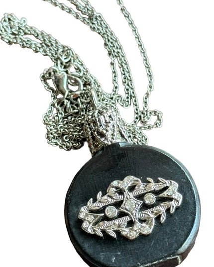 Vintage black glass Austria embelished small perfume bottle necklace