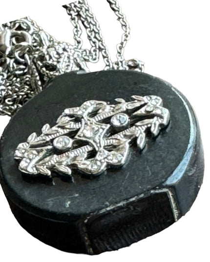 Vintage black glass Austria embelished small perfume bottle necklace